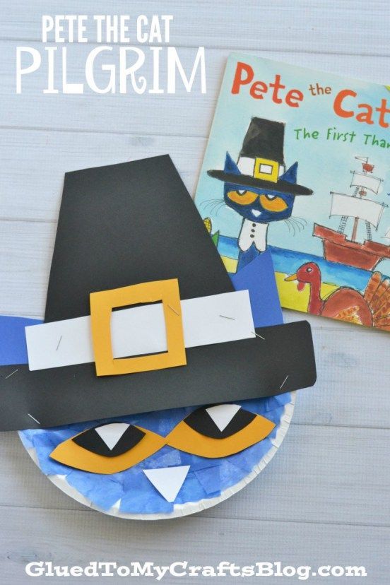 a paper plate with a cat in a hat on it and a book about pete the cat