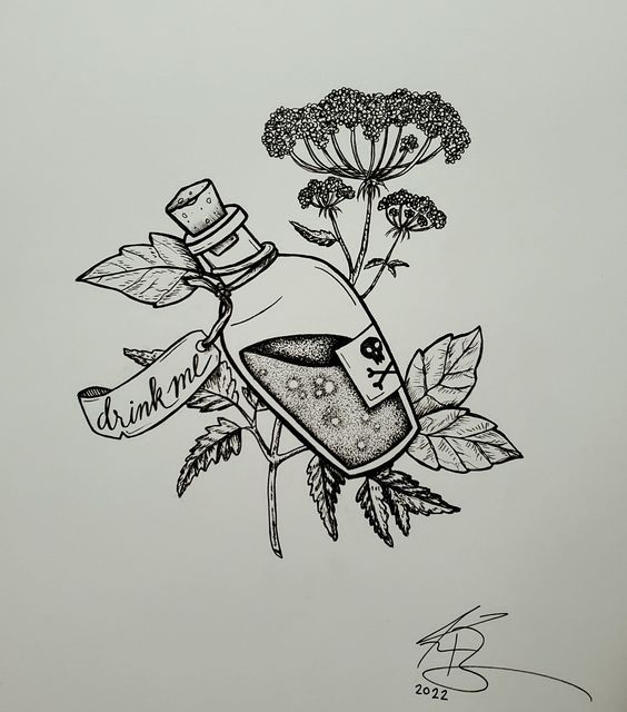 a drawing of a bottle with flowers on it