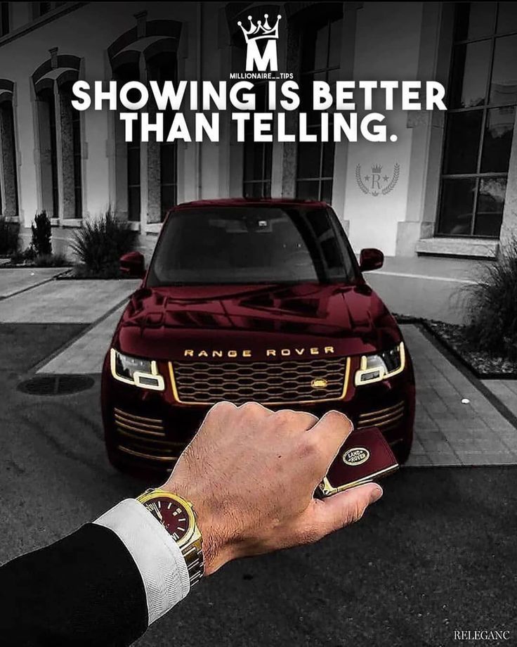 a man holding his hand out to a red car with the words showing is better than telling