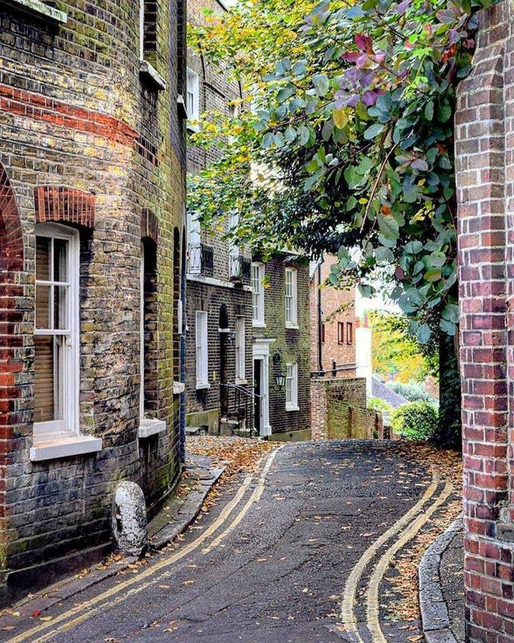 an alley way with brick buildings and trees