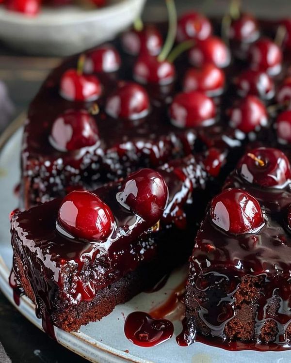 a cake with cherries and chocolate frosting on it