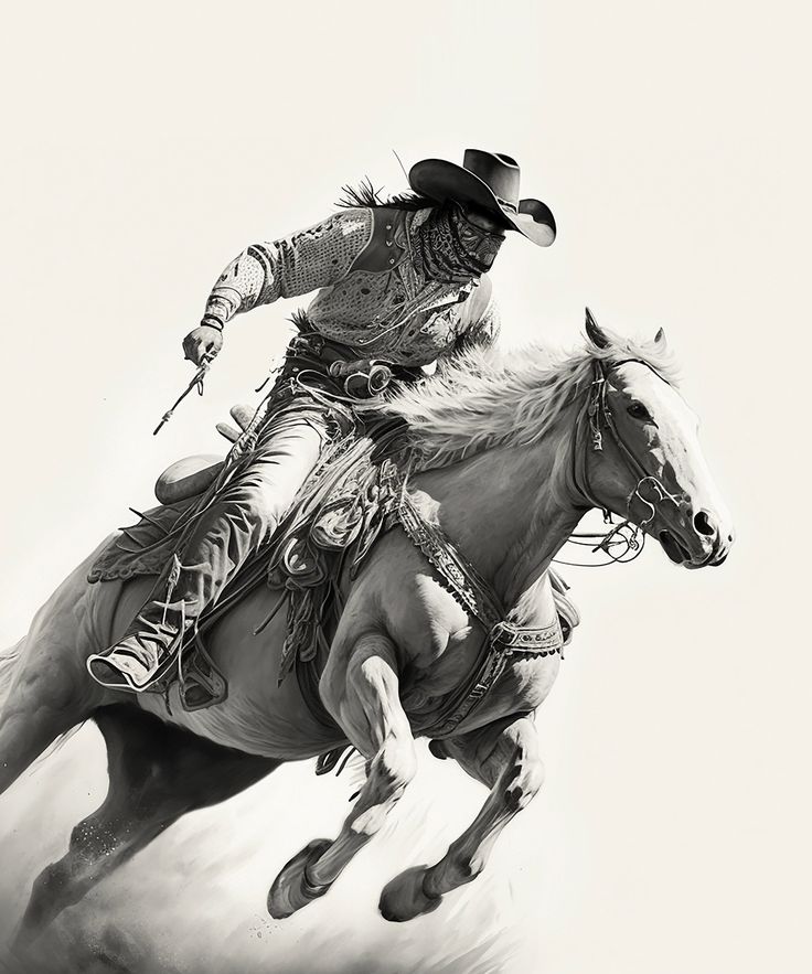 a man riding on the back of a white horse while wearing a cowboy hat and holding a lasso