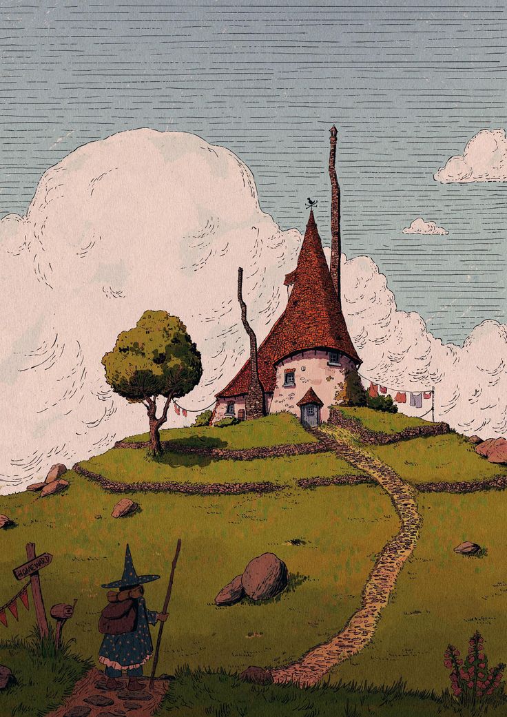 a painting of a house on top of a hill with a path leading to it