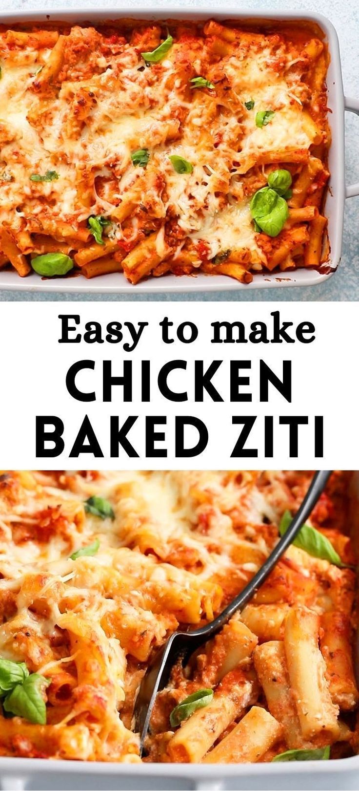 an easy to make chicken baked ziti recipe in a casserole dish