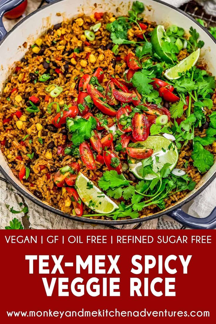 a close up of a plate of food with text that reads tex - mex spicy veggie rice