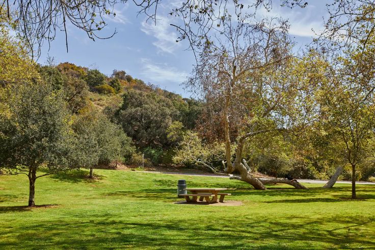 there is a picnic table in the middle of this grassy area with trees and grass