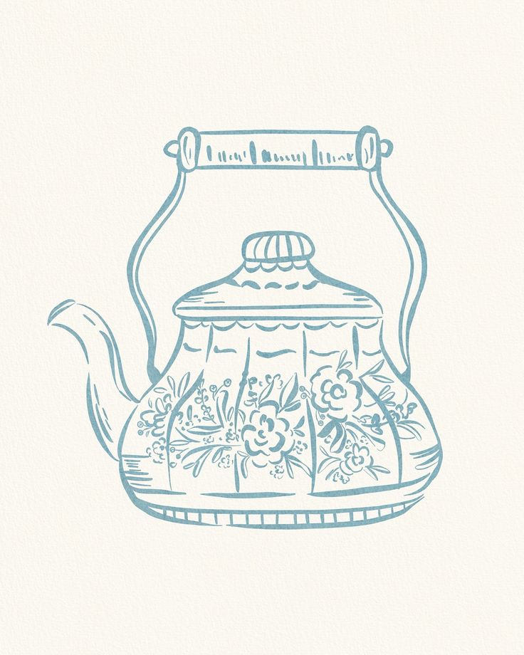 a drawing of a teapot with flowers on it