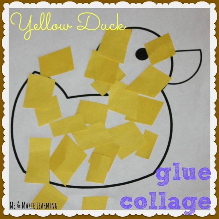 yellow duck glue collage on white paper with words below it that read, yellow duck