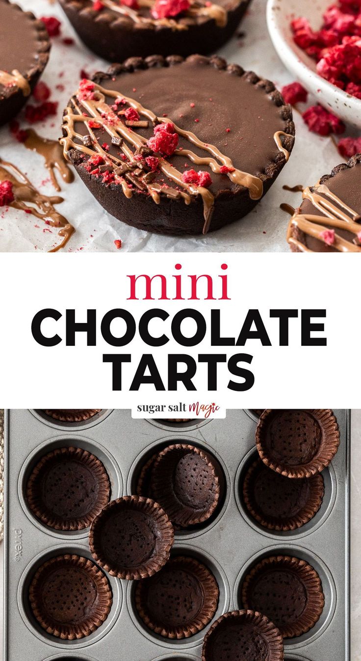 mini chocolate tarts in a muffin tin with text overlay that says mini chocolate tarts