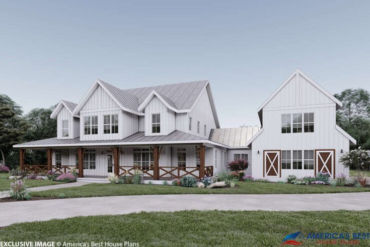 this is an artist's rendering of the farmhouse style house plans for two story homes