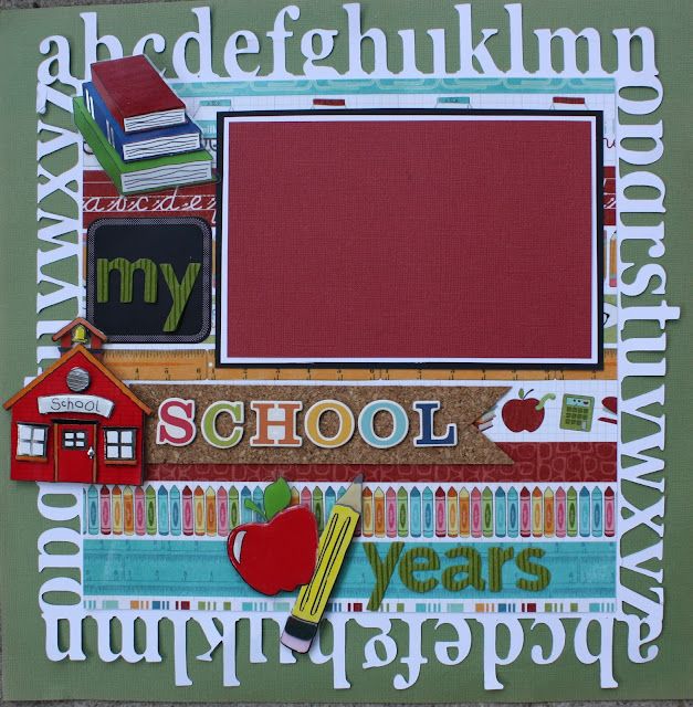 a scrapbook page with an apple, books and school supplies on it's cover