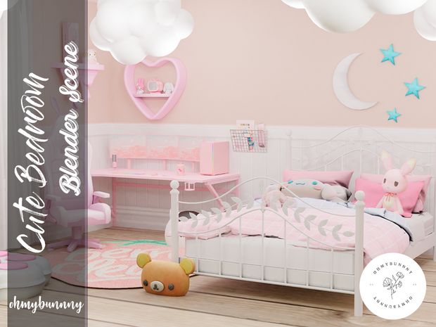 a pink and white bedroom with teddy bears on the bed, clouds in the background