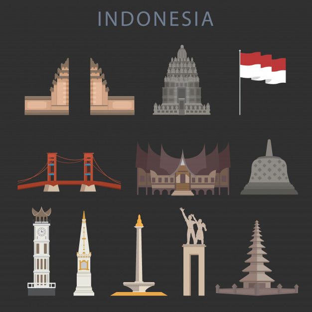 an illustrated set of different architectural buildings and flags in the country of indonesia, asia