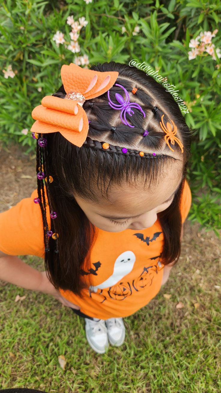 Cute Halloween Hairstyles For Kids, Toddler Halloween Hairstyles, Kids Halloween Hairstyles, Cute Hairstyles For Halloween, Halloween Hairstyles For Kids, Cosmo Hair, Spooky Hair, Pumpkin Hair, Cute Ponytail Hairstyles