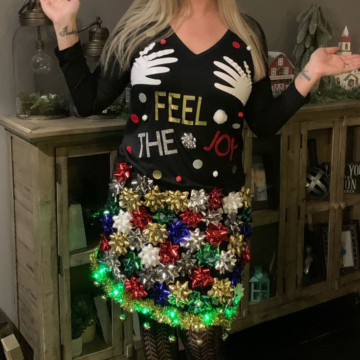 Entirely Homemade! ‘Feel The Joy’!! Skirt Has Lights And Bells, Too! A Guarantee Laugh At Any Holiday Party!! Only Worn Once, For A Couple Of Hours. Christmas Ugly Sweater Dress, Ugliest Christmas Sweater Ever, Ugly Christmas Outfit, Ugly Christmas Sweater Plus Size, Ugliest Christmas Sweater I Can't Even Shirts, Igly Christmas Sweater, Ugly Christmas Sweater Outfit, Funny Christmas Outfits, Christmas Sweater Outfits