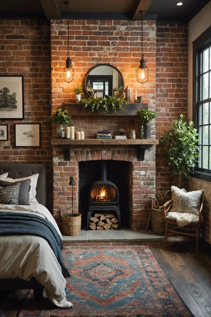 a bedroom with a brick fireplace in the corner