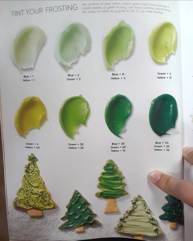 an open book showing different types of frosting for christmas trees and snowflakes