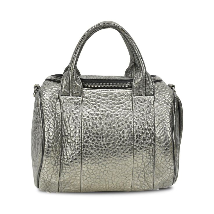 Alexander Wang 'Rockie' Bag - Fashionably Yours Silver Bags With Detachable Strap For On-the-go, Luxury Metallic Bags With Zipper Closure, Luxury Silver Satchel With Palladium Hardware, Evening Satchel With Gunmetal Hardware And Double Handle, Chic Silver Satchel For Travel, Silver Satchel Shoulder Bag With Top Carry Handle, Modern Silver Shoulder Bag With Top Handle, Modern Silver Shoulder Bag With Top Carry Handle, Silver Leather Tote Satchel