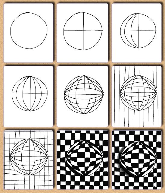 four squares with different shapes and lines drawn on them, all in black and white