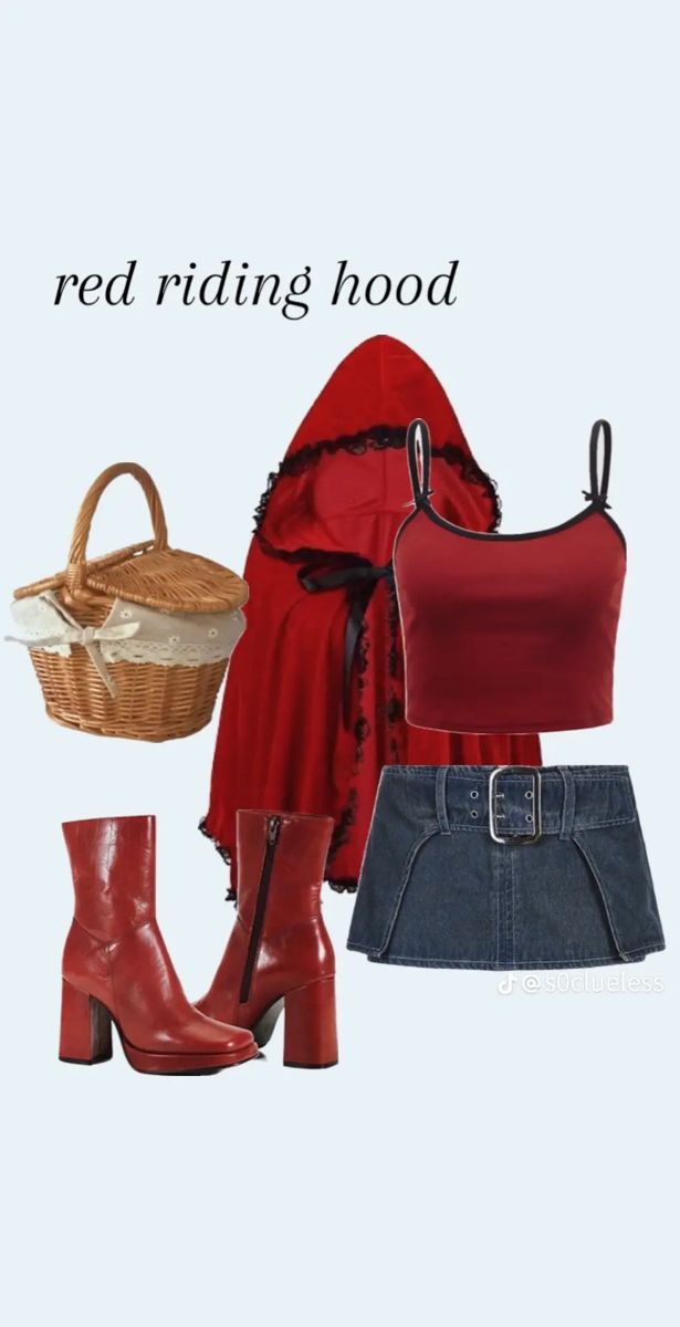 red riding hood outfit with boots and basket on white background, text reads red riding hood