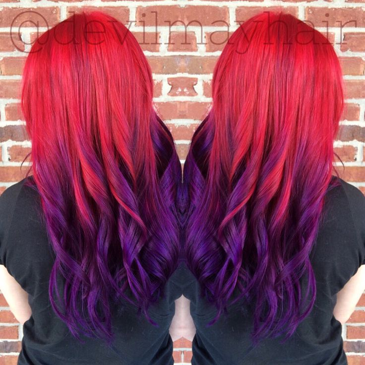 Red to purple sunset hair ombré, done using Pravana Vivids. Red And Purple Hair Color, Purple To Red Hair, Red Hair With Purple Tips, Red And Purple Hair Color Ideas, Red To Purple Hair, Red Roots Purple Hair, Purple And Red Hair Ombre, Sunset Hair Ombre, Red Purple Ombre Hair