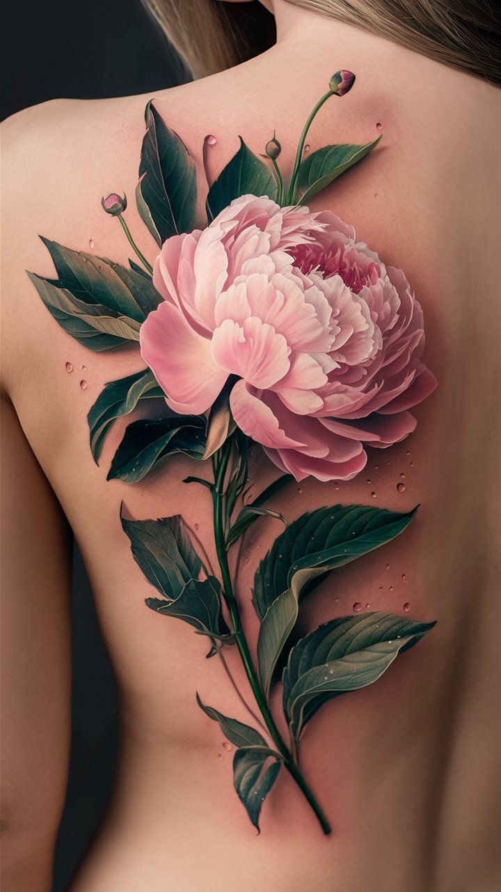 a woman's back with flowers and leaves on it