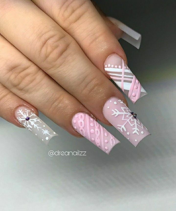 Christmas Nail Designs Acrylic, Pink Christmas Nails, Nails January, Holiday Manicure, Matte Pink Nails, Snow Nails, Christmas Gel, Long Acrylic Nail Designs, Winter Nails Acrylic