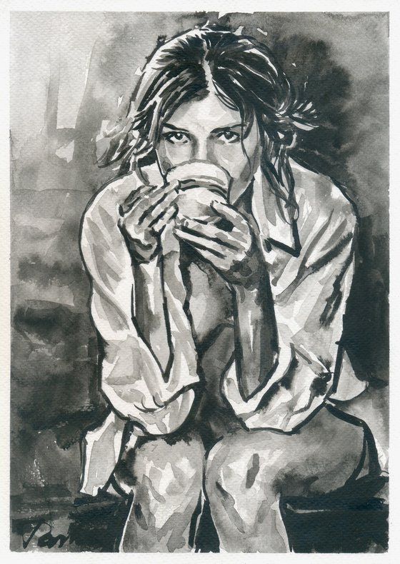 a black and white drawing of a woman holding a coffee cup in her hands while sitting on a chair