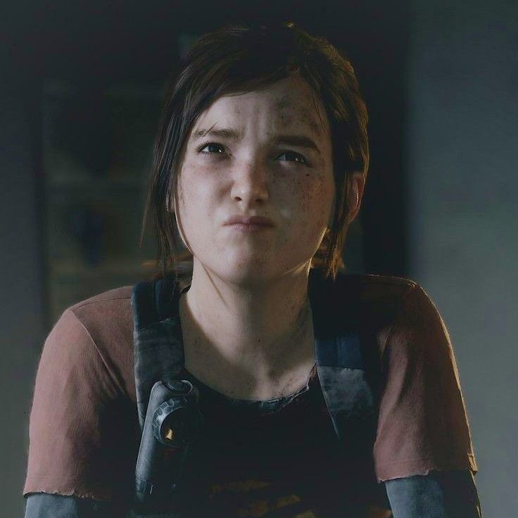 the last of us's female character is looking into the distance with an evil look on her face