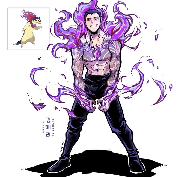 a drawing of a man with purple hair standing in front of a white background and an image of a pokemon character behind him