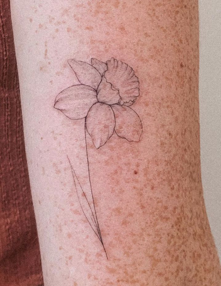 a small flower tattoo on the arm is shown in black and grey ink, with an outline of a single daffodil