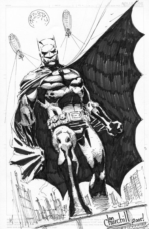 a black and white drawing of batman flying in the sky