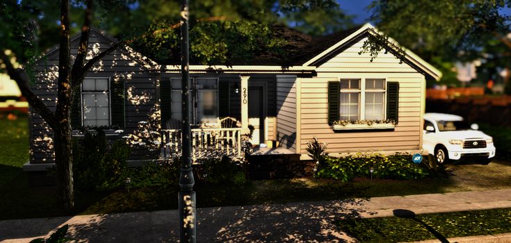 a white truck is parked in front of a small house with a porch and balconies