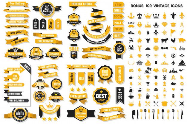 a big set of yellow and black badges, ribbons, stickers and other items