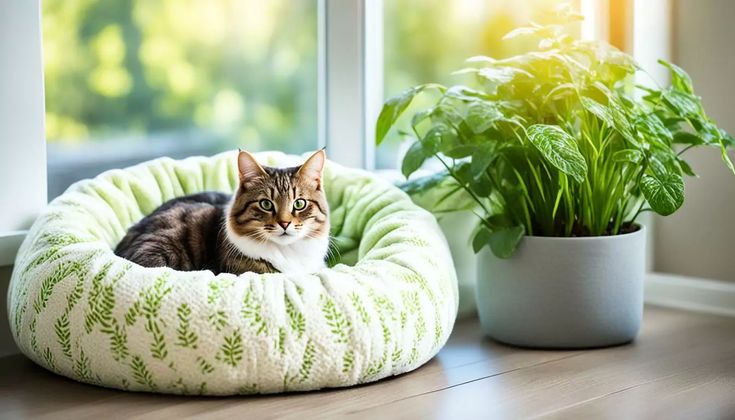 a cat sitting in a pet bed next to a potted plant on a window sill