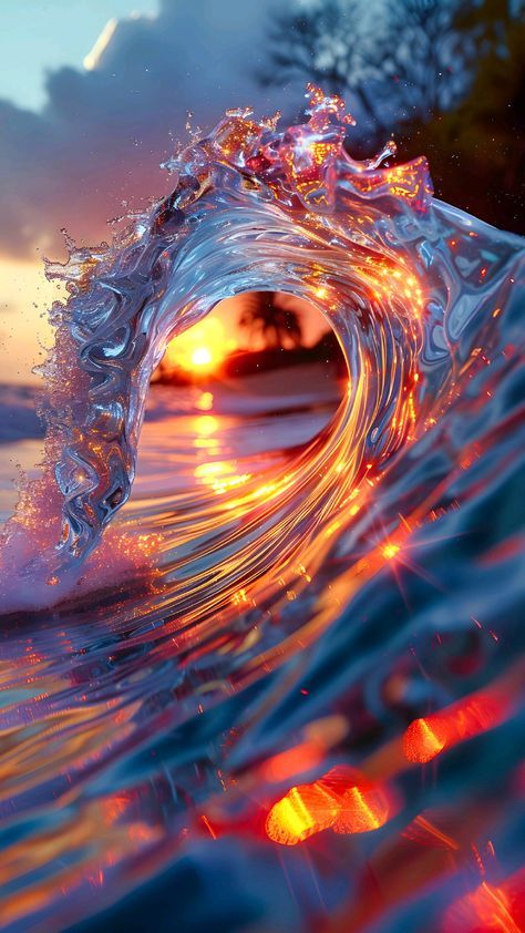 an ocean wave with bright lights coming out of the water at sunset or sunrise in the background