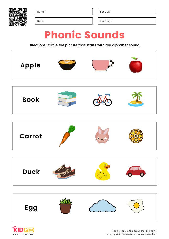 the phonic sounds worksheet is shown with pictures and words to describe them