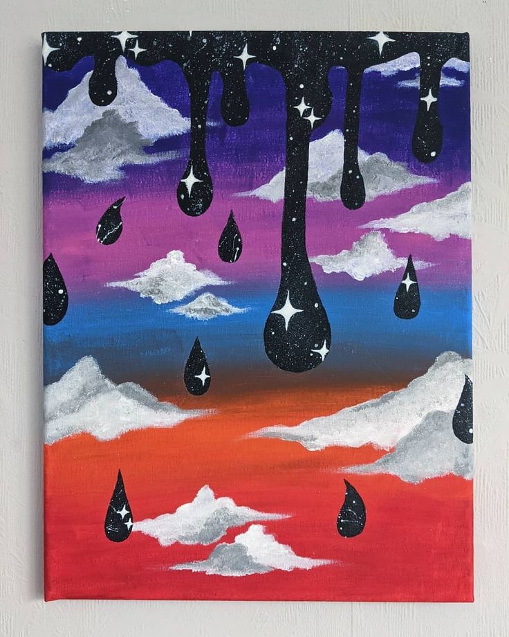 a painting with drops of paint on it and clouds in the sky, all painted different colors