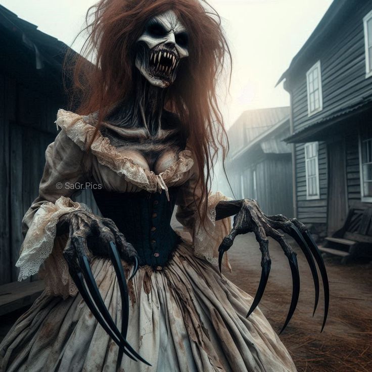 a woman dressed as a skeleton with long red hair and claws on her head is standing in front of a house