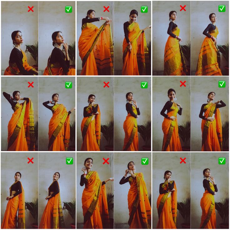 the instructions for how to wear an orange sari in different ways, including pictures