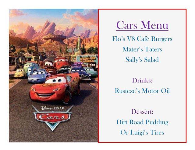 the cars menu from disney's cars movie