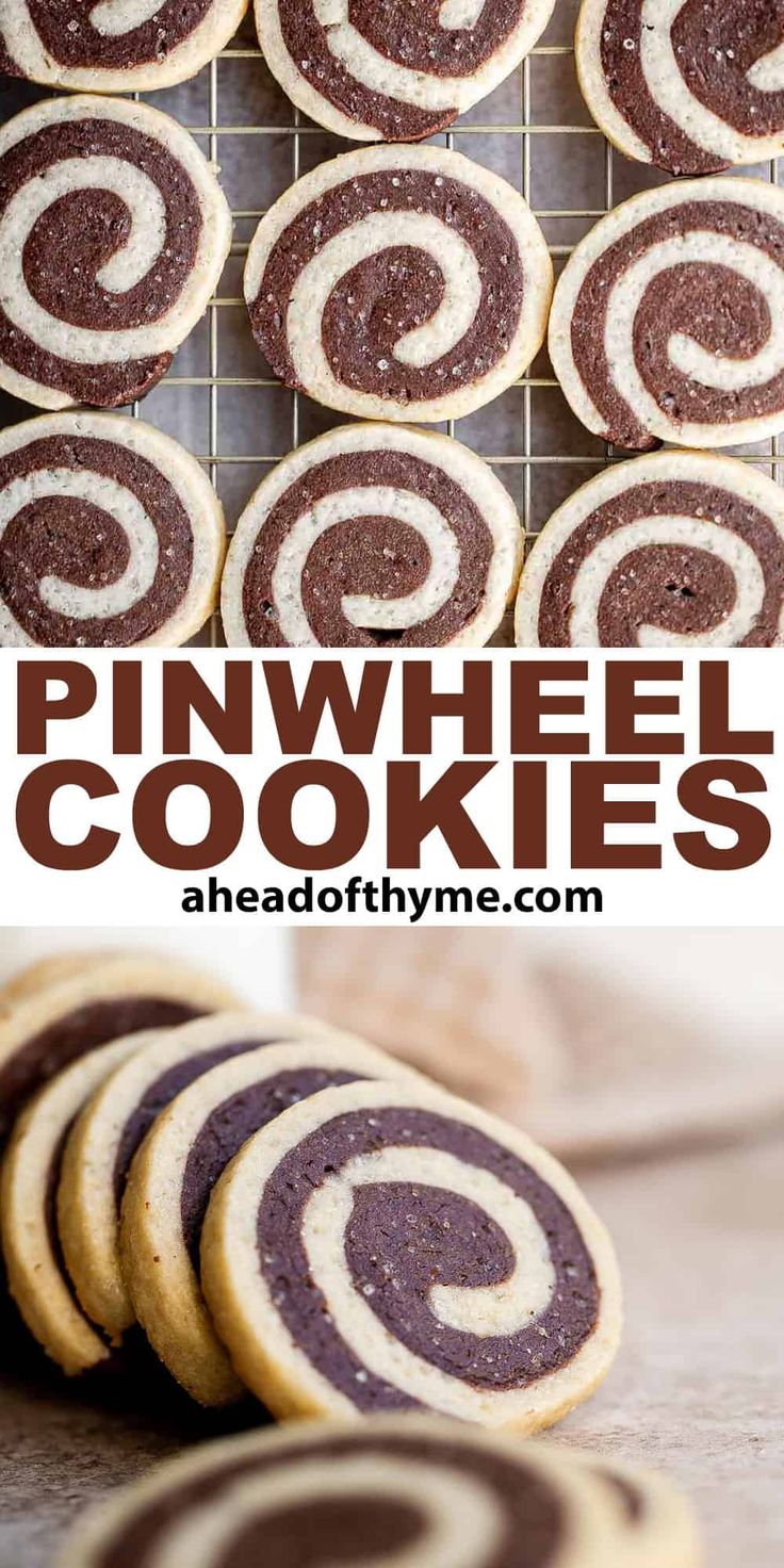 chocolate pinwheel cookies on a cooling rack with the words pinwheel cookies above them