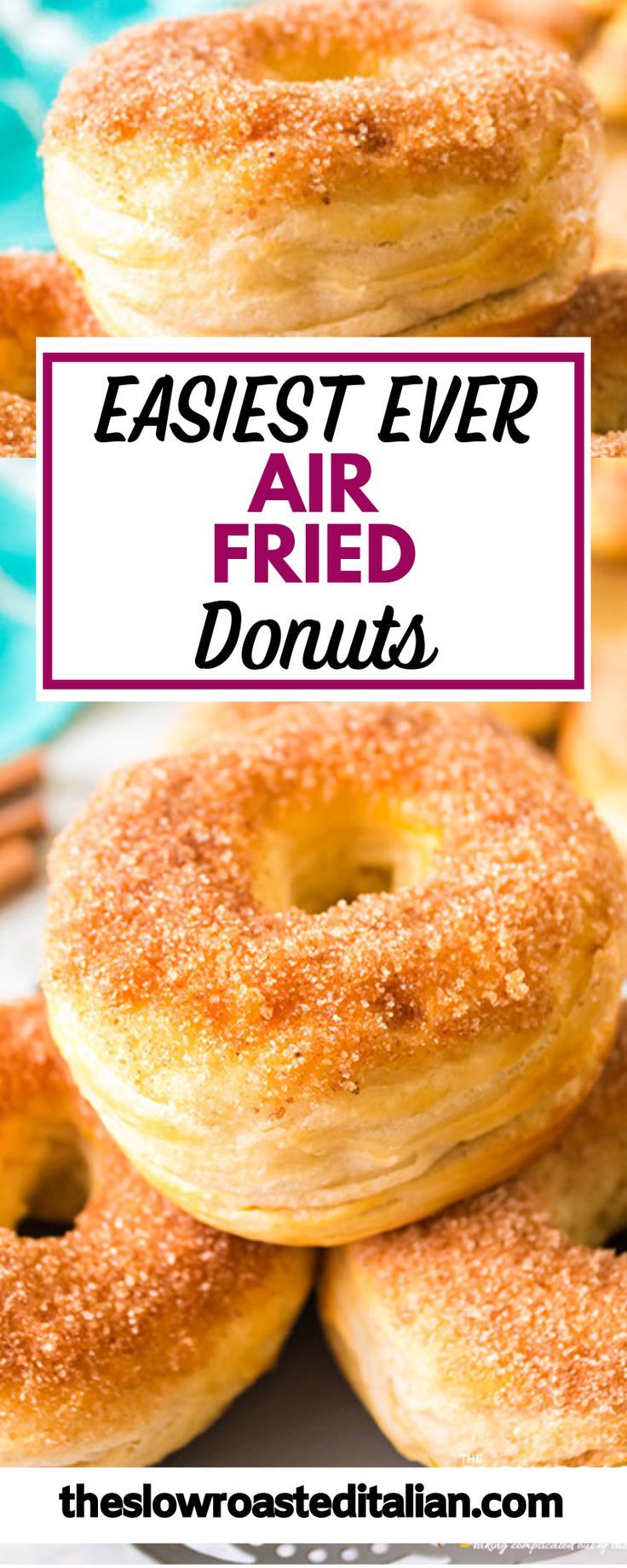 several donuts stacked on top of each other with the words, easy ever air fried donuts