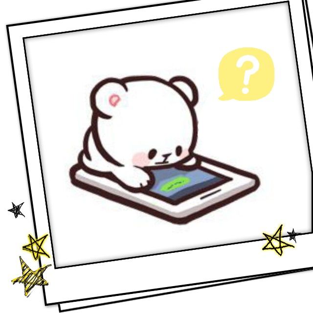 a teddy bear sitting on top of a tablet computer with a question bubble above it