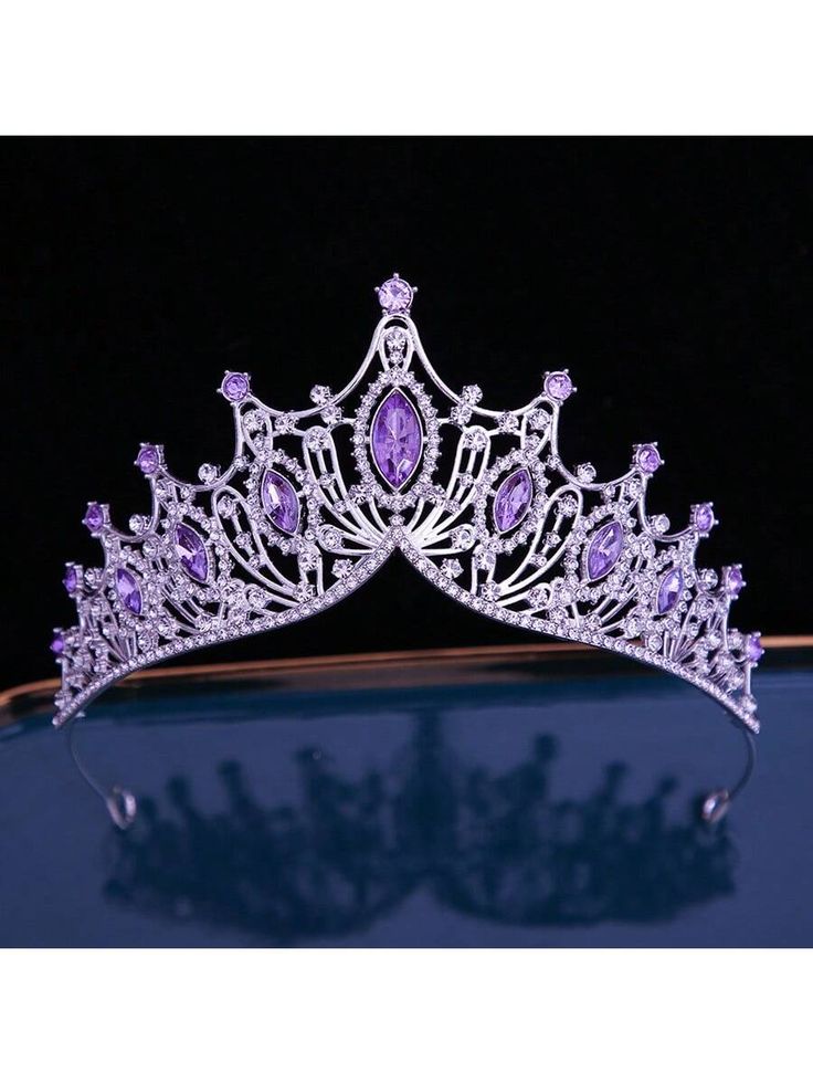 1pc Women's Silver And Purple Crown Headband And Crown Set, Crystal Crown, Rhinestone Princess Crown For Girl's Bridal Wedding, Birthday Party, Halloween Cosplay, Christmas Tiaras Purple Elegant,Boho   Aluminum Alloy     Wedding & Event, size features are:Bust: ,Length: ,Sleeve Length: Sweet 16 Pink And Purple Theme, Romantic Purple Wedding Theme, Quince Crowns Purple, Dark Purple Quinceanera Theme, Rapunzel Theme Quinceanera, Lilac Quinceanera Decorations, Tangled Quinceanera Theme, Galaxy Headband, Purple Crowns