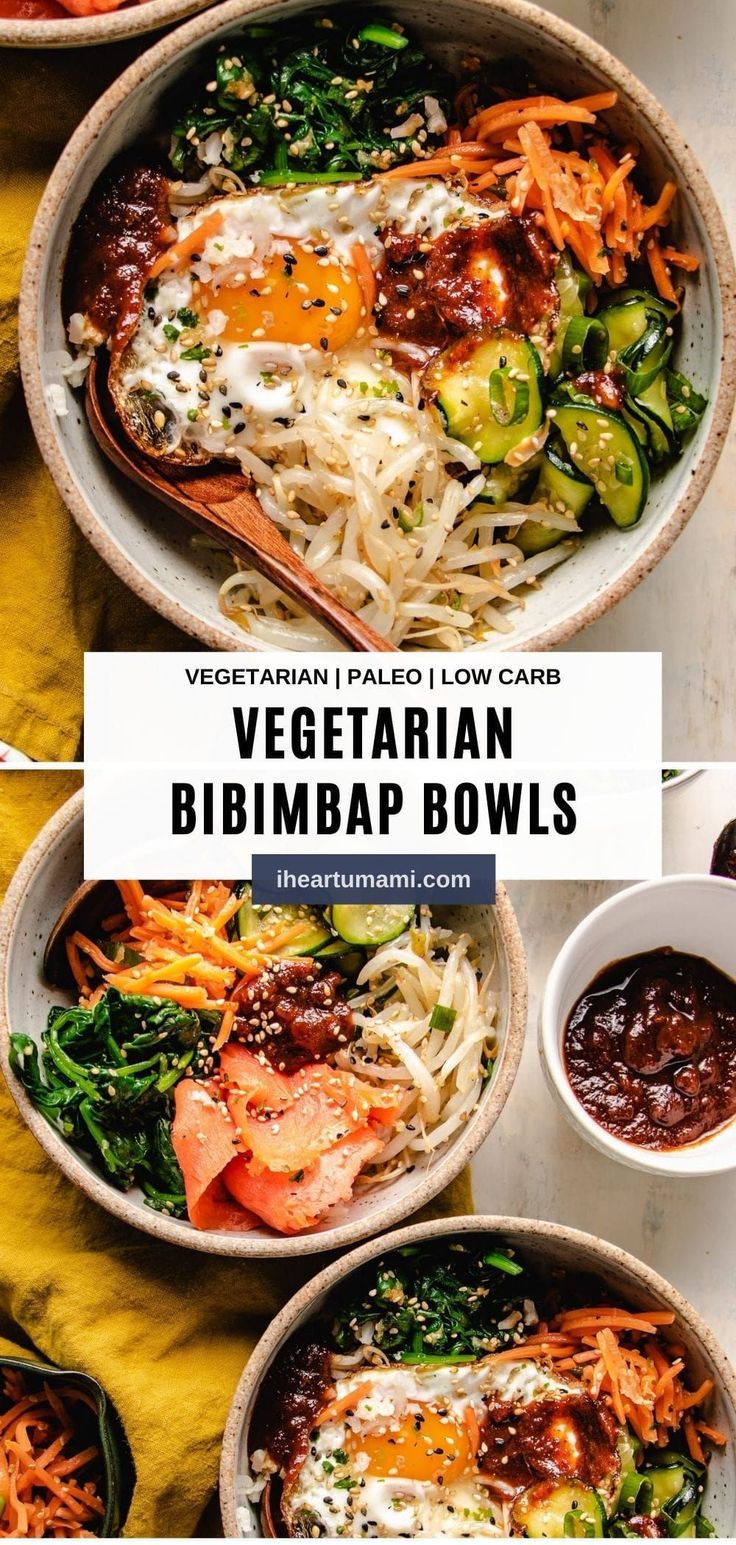 vegetarian bibimba bowls with vegetables and sauces