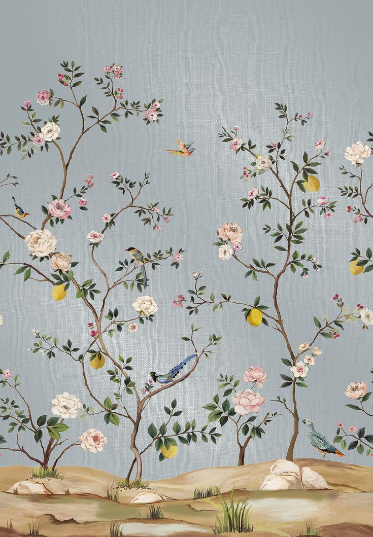 a painting of flowers and birds on a blue background