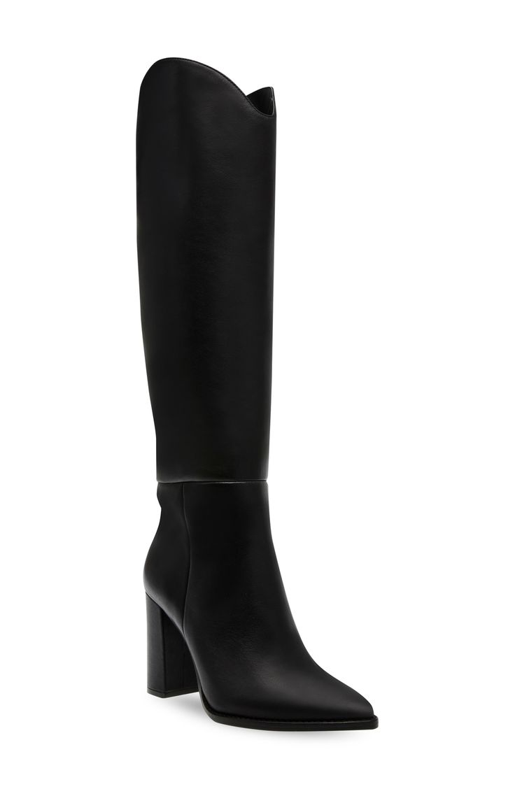 A curved topline amplifies the contemporary appeal of a knee-high leather boot balanced by a pointy toe and wrapped block heel. 3 1/2" heel 14 1/2" shaft; 15" calf circumference Leather upper/synthetic lining and sole Imported Classic Boots Woman, Knee High Western Boots, Ugg Ultra Mini, Classic Ugg Boots, Womens Riding Boots, Western Boots Women, Chic Leather, Pointed Toe Boots, Black Suede Boots