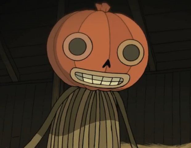 an animated pumpkin is hanging from the ceiling