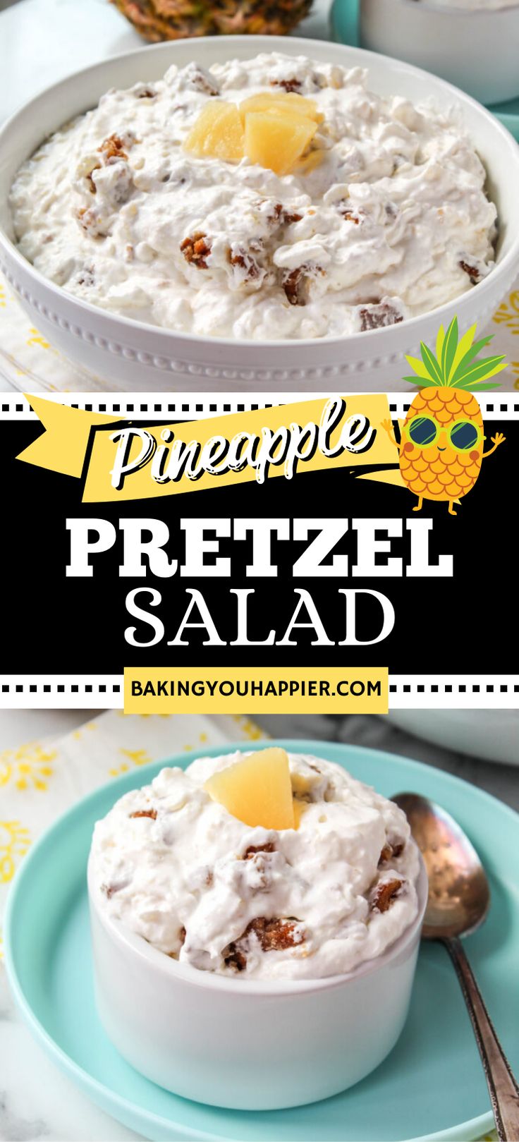 pineapple pretzel salad in a white bowl on a blue plate